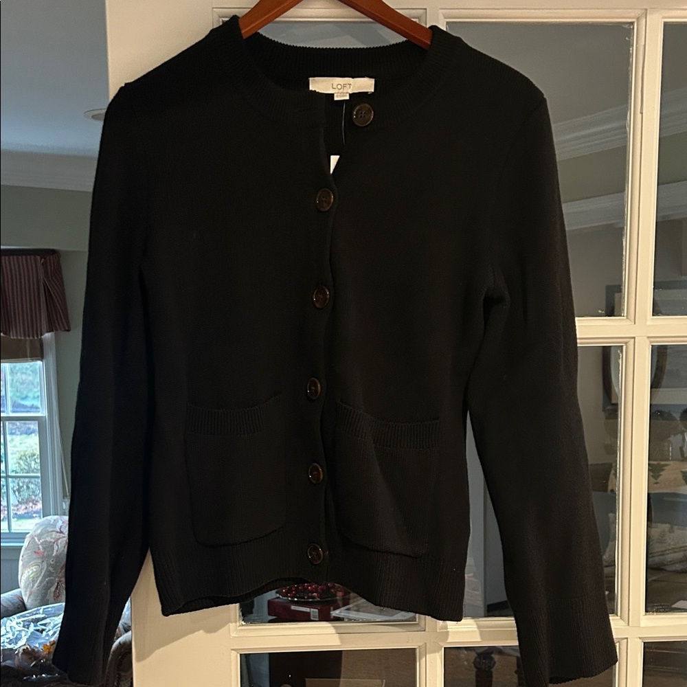 LOFT Classic Black waisted patch pocket Cardigan Sweater